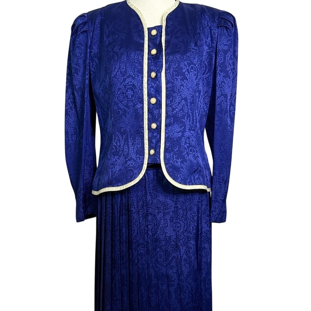 Vintage 80s Leslie Fay Royal Blue Purple Skirt Set Size 8-10 Power Suit Workwear